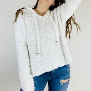 POL White Fluffy Eyelash Knit Hood V-Neck Sweater and Sweatpants Set